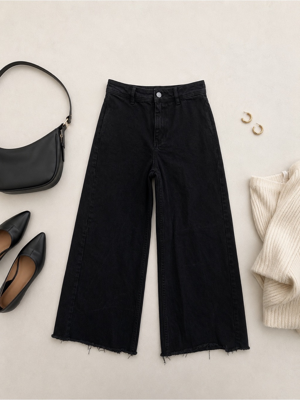 MNG by Mango Catherine Black Wide Leg Raw Hem Jeans